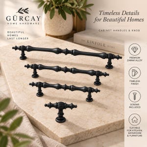 Puede incluir: Un juego de cuatro tiradores de armario y un pomo en color negro mate, con un diseño acanalado tipo huso y anillos decorativos. Los herrajes están fabricados en aleación de zamak de alta calidad e incluyen tornillos para su instalación.
