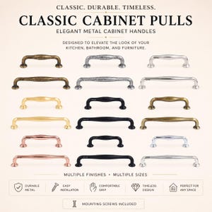 May include: A collection of metal cabinet pulls in various finishes including brass, silver, black, and copper. The text reads: CLASSIC. DURABLE. TIMELESS. CLASSIC CABINET PULLS ELEGANT METAL CABINET HANDLES DESIGNED TO ELEVATE THE LOOK OF YOUR KITCHEN.