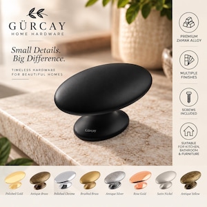 May include: A matte black oval cabinet knob with a smooth finish and a central base. The text GÜRCAY HOME HARDWARE, Small Details. Big Difference. TIMELESS HARDWARE FOR BEAUTIFUL HOMES is visible. Icons indicate premium zamak alloy and included screws.