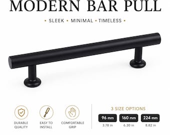 Matte Black Modern Bar Cabinet Pulls, Minimalist Drawer Handles (96-224mm)
