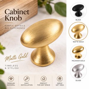 May include: A matte gold oval cabinet knob with a brushed texture. The image includes text reading Cabinet Knob, Simple Details Big Difference, Matte Gold, Timeless & Stylish, Premium Material, Easy Installation, Perfect For Any Space, Great Gift Idea.