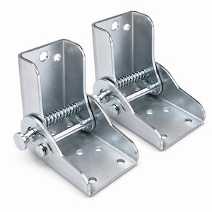 May include: Two silver-colored metal folding hinges featuring a spring-loaded locking mechanism. Each hinge has a vertical mounting plate with two circular holes and a horizontal base plate with three circular holes, connected by a central pin.