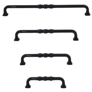 May include: Four black metal cabinet pulls with a decorative design. The pulls are in different sizes.