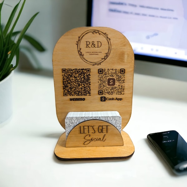 Laser-Engraved Business Card Holder with Scan-Ready QR Code, Custom QR Code Sign, Tabletop Sign with QR Code, Scan to Pay Sign, Payment Sign