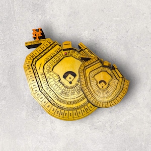 May include: A wooden 3D model of Citi Field, home of the New York Mets, with a detailed seating chart and the team logo. The model is painted in yellow and brown.
