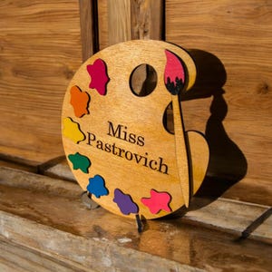 Personalized Paint Palette Sign for Art Lovers, Custom Teacher Gifts, Teacher Appreciation, Name Sign for Teacher, Stand Included, Wood