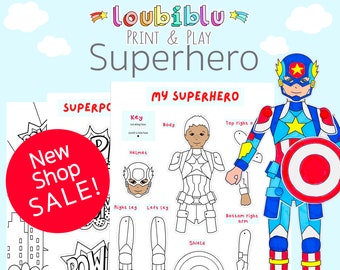 May include: A printable paper craft activity for kids featuring a superhero character. The printable includes a body, head, arms, legs, and shield. The character is wearing a blue, red, and white costume with a star on the chest. The printable also includes a key with instructions for assembling the paper craft.