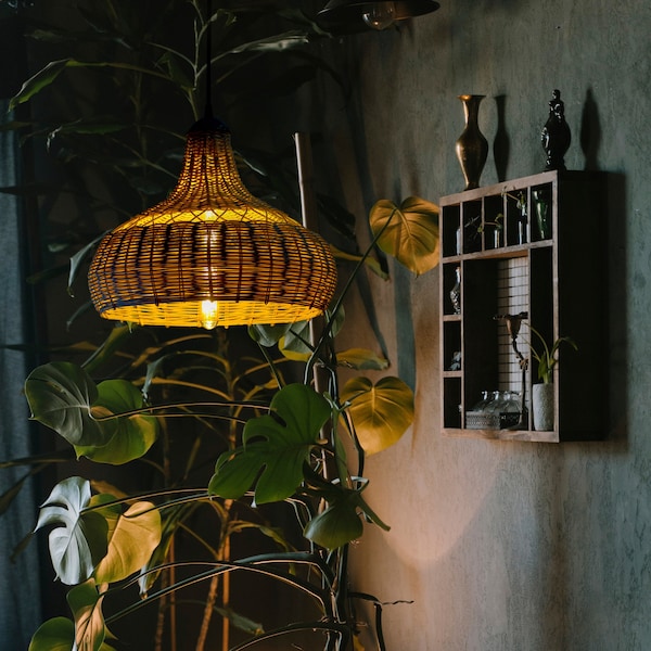 Rattan Pendant Light - Bamboo Pendant Light, Boho Lamp, Rattan Furniture, Patio Pendant Light, Farmhouse, Bohemian Lampshade