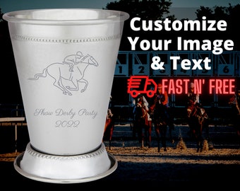 Personalized Mint Julep Cup: Stainless Steel Kentucky Derby Glasses, Metal 12 oz Cocktail Glasses, Derby Party Supplies