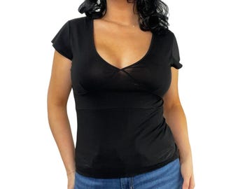 Y2k Gap Black V-Neck Babydoll Top Short Sleeve Top Size Small
