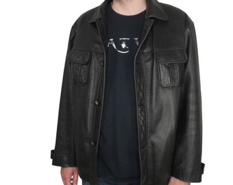 1990s Vintage Guess Men's Classic Black Leather Jacket Large 1990s Vintage Guess Men's Classic Black Leather Jacket Large