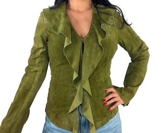 Chaqueta vintage Danier de ante verde con cuello con volantes, años 80, talla XS