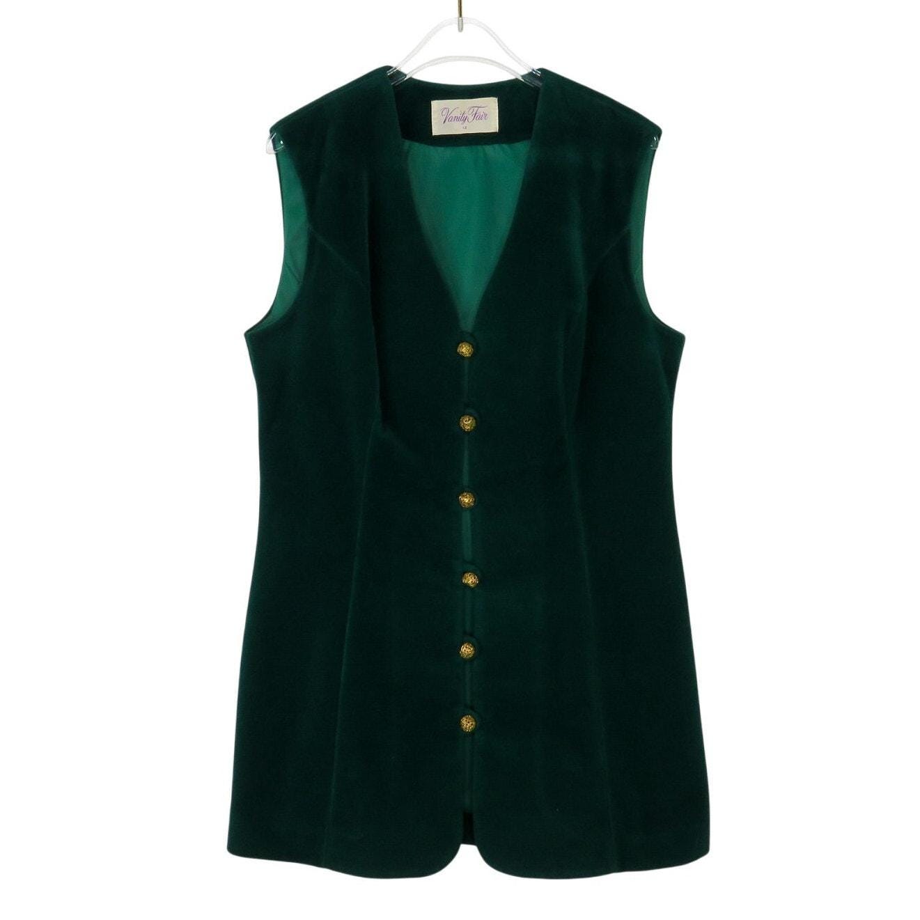1970s Vintage Vanity Fair Emerald Green Velvet Vest Blouse Gold