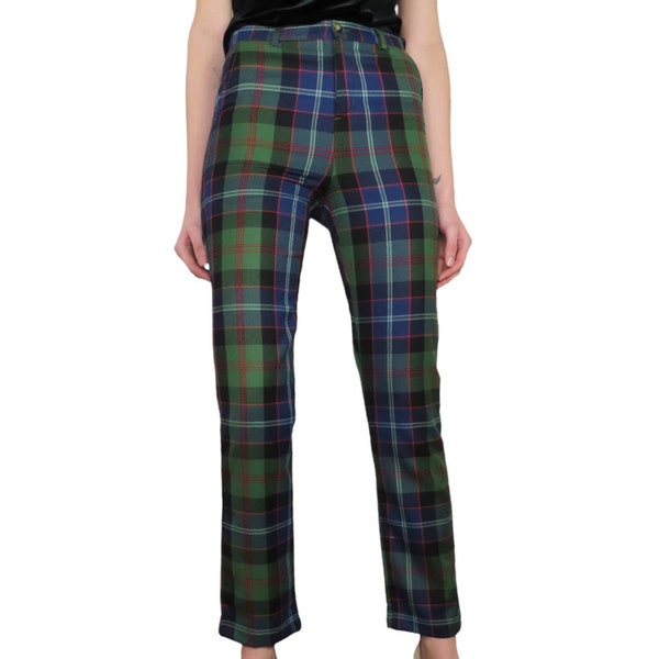 Classic Prep 1990s Vintage Navy Blue Green Plaid Straight Leg Trousers Pants 29"