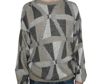 Vintage des années 1990 Jantzen abstrait tricot beige et gris grand-père pull XL