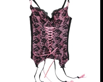 Ann Summers Y2k Vintage Pink and Black Lace Corset with Garters 34A