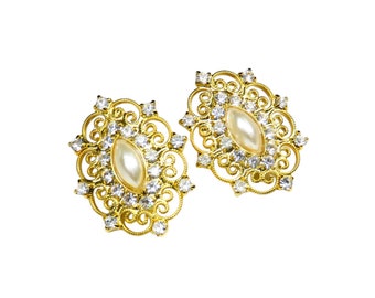 Vintage Gold & Pearl Earrings with Rhinestones