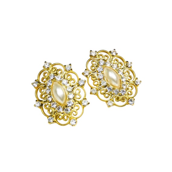 Vintage Gold & Pearl Earrings with Rhinestones - image 1