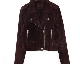 1990s Vintage Plum Purple Suede Genuine Leather Motto Jacket Medium
