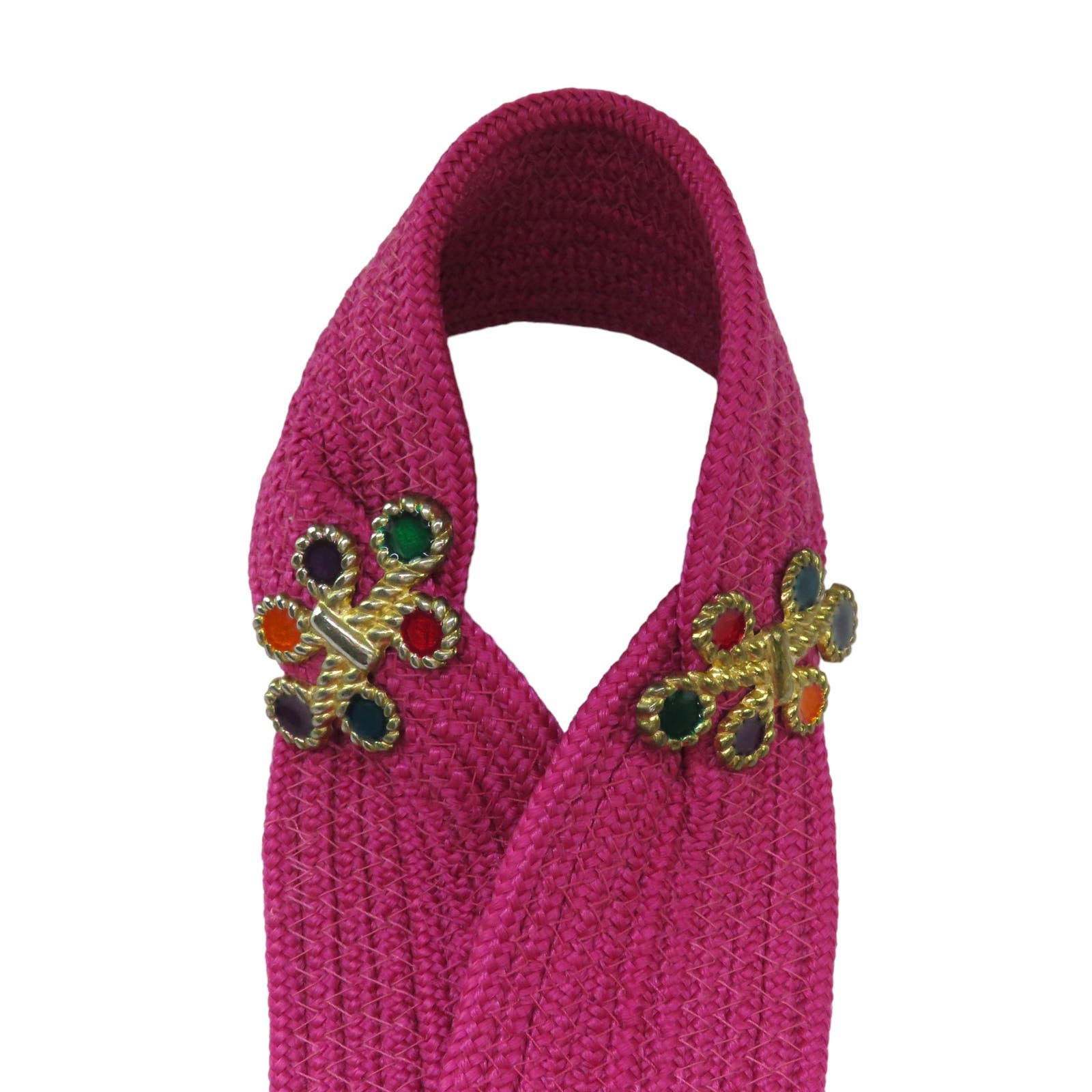 Vintage Hot Pink Woven Belt With Multicolor Rainbow Gem 