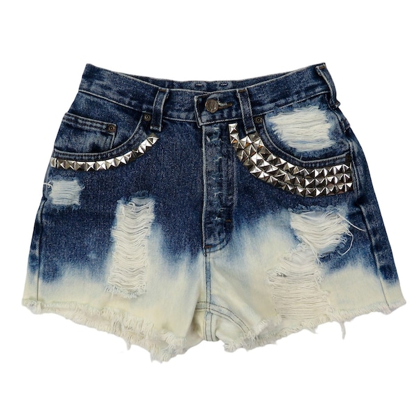 90s Vintage Riders High Rise Bleached Studded Cut Off Denim Jean Shorts 25"