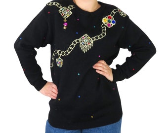 Chaus 1980s Vintage Gem Rhinestone Gaudy Knit Black Gold Sweater Small