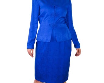 Adrianna Papell, kobaltblauw satijnen tweedelig pak met vintage rok, jaren 90, groot