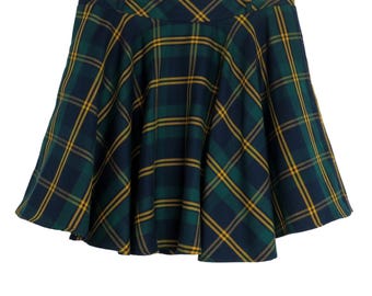 Y2k  Navy Green & Yellow Plaid Flared Mini Skirt Preppy 30" School Girl