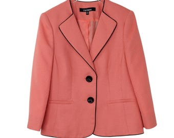 1990s Vintage Le Suit Pink Polka Dot Blazer Jacket Black Trim 8