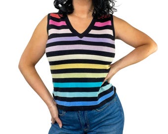 City Silk 1990s Vintage Rainbow Striped Sleeveless Knit Shirt Tank Top Medium