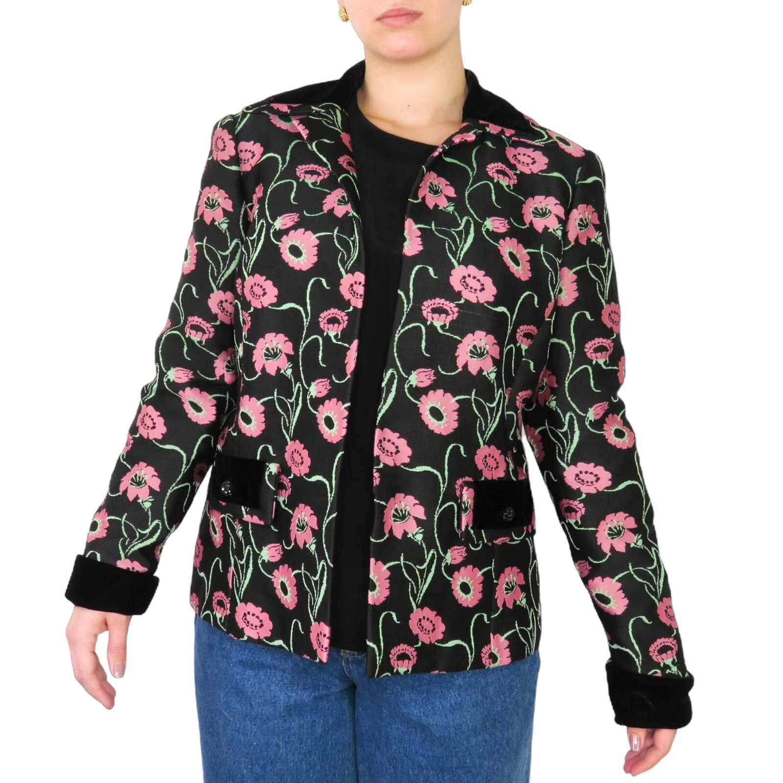Union Made 1960s Vintage Black and Pink Floral Jacket Blazer Retro 