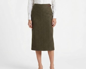 Falda lápiz vintage Ralph Lauren de lana marrón con estampado de espiga, talla midi 2, estilo ecuestre.