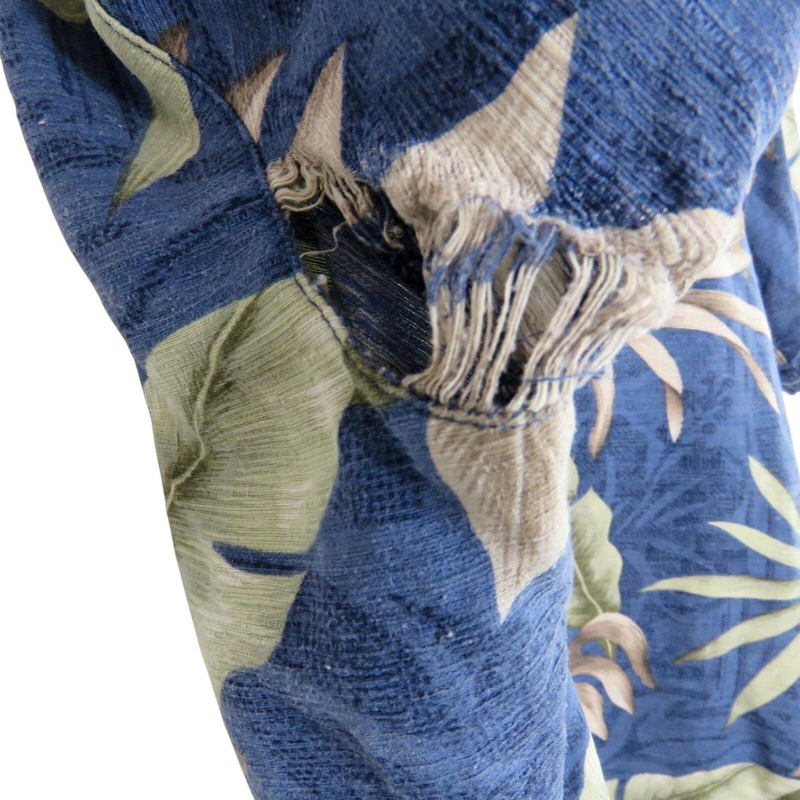 Vintage 80s Batik Bay Hawaiian Silk Shirt: Blue Tropical Palm Print (XL), photo 4 of 5