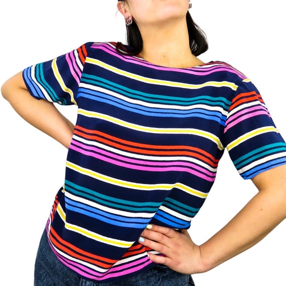 1990s Tess Vintage Rainbow Striped Silk Top with … - image 1