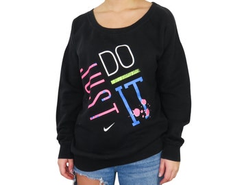 1990s Vintage Nike Schwarzes Rundhals-Sweatshirt Just Do It Graphic Neon Medium