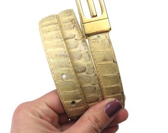 1980s Vintage Cream Snakeskin Belt with Gold Buckle