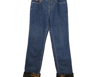 1990s Vintage Tommy Hilfiger High Rise Straight Leg Jeans Tiger Print Cuffs 32"