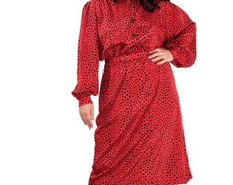 Ms Chaus 1980s Vintage Red Leopard Print Long Sleeve Casual Midi Dress Large