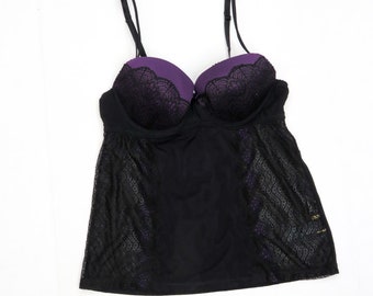 Jolinesse 1990s Vintage Sexy Purple and Black Lace Lingerie Top 34B
