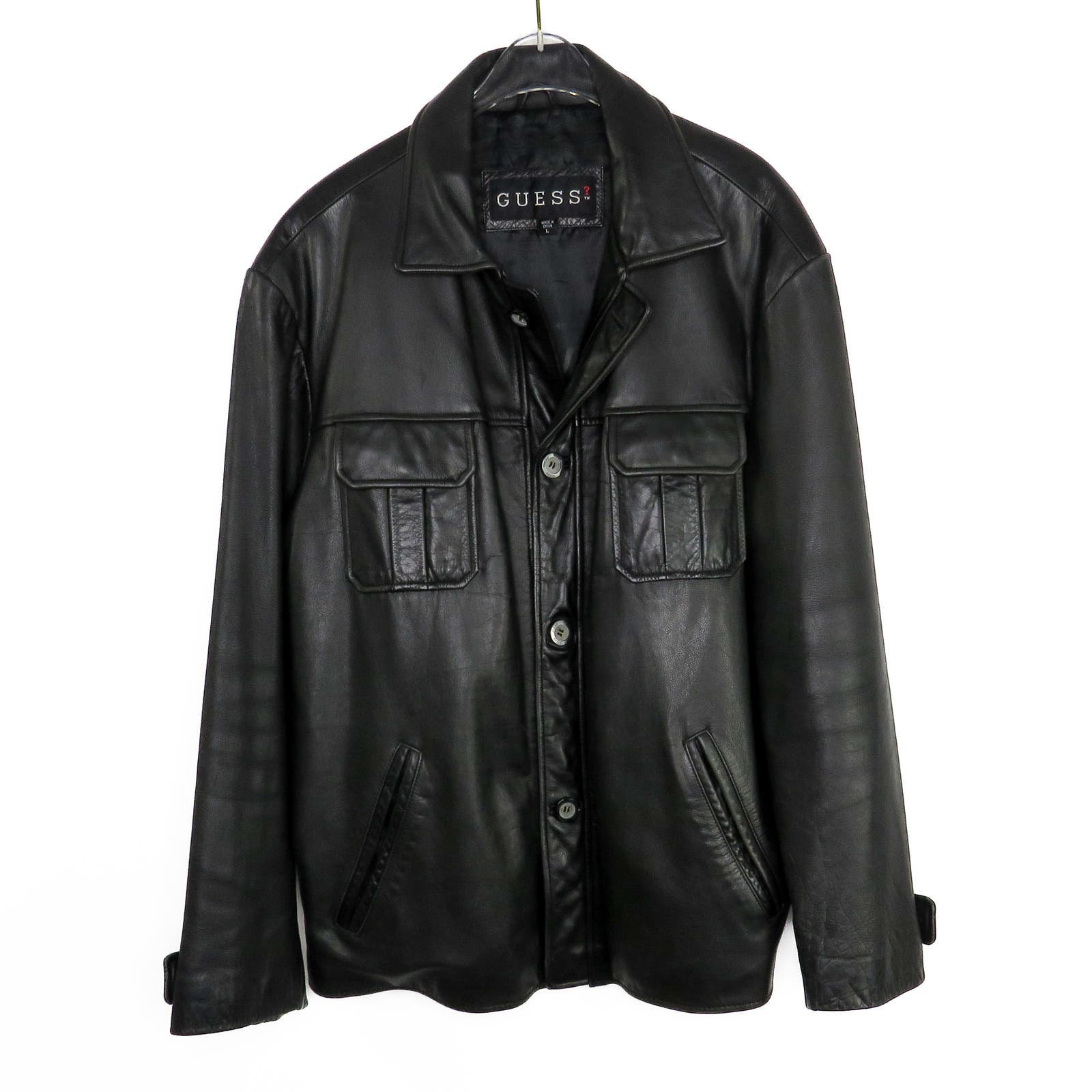 1990s Vintage Guess Men's Classic Black Leather Jacket Large 1990s Vintage Guess Men's Classic Black Leather Jacket Large