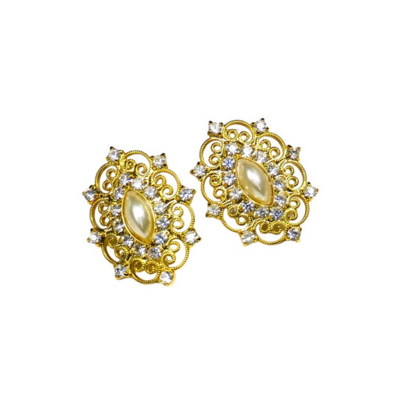 Vintage Gold & Pearl Earrings with Rhinestones - image 2