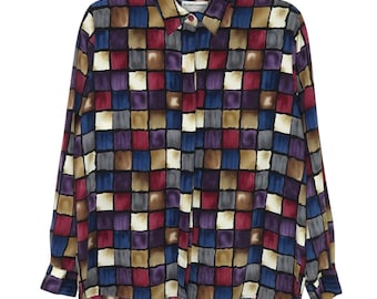 1990s Vintage Alfred Dunner Purple Pink Blue Retro Geometric Square Blouse Size 12 Large