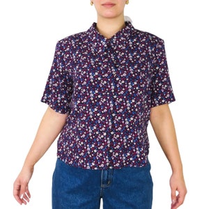 K Studio 1980s Vintage Cottage Core Purple Floral Button Down Blouse Large Short Sleeve