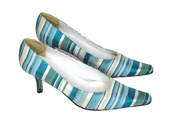 J. Renee 1980s Vintage Heels Satin Blue Striped Vintage Pumps Size 9 Retro