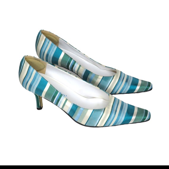 J. Renee 1980s Vintage Satin Blue Striped Vintage Heels Pumps Size 7 Retro