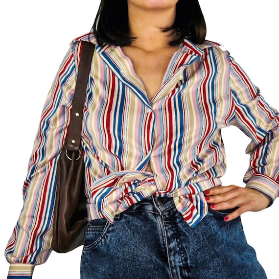 RRRuss 1980s Colorful Candy Stripe Button Down Cas