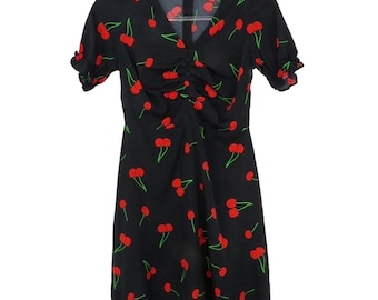 1990s Vintage Black Sweetheart Cherry Pattern A-Line Short Sleeve Mini Dress XS