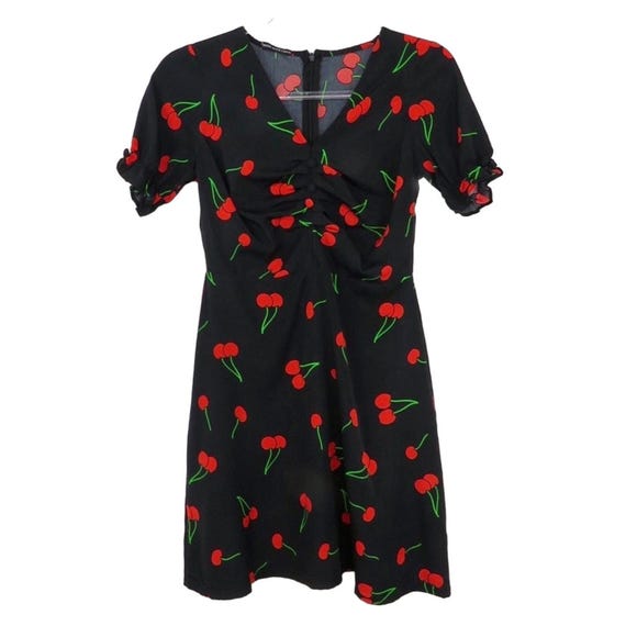 1990s Vintage Black Sweetheart Cherry Pattern A-Line Short Sleeve Mini Dress XS 1990s Vintage Black Sweetheart Cherry Pattern A-Line Short Sleeve Mini Dress XS