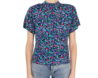 PS Illustrations 1980s Vintage Blue Purple Floral Blouse Casual Blouse Medium Retro