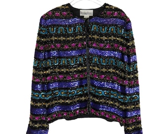 1980s Vintage Nina Piccalino Multicolor Colorful Beaded Sequin Blazer Jacket 14P